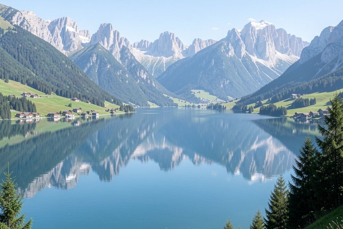 Vista panoramica del Lago di Molveno con le Dolomiti di Brenta sullo sfondo