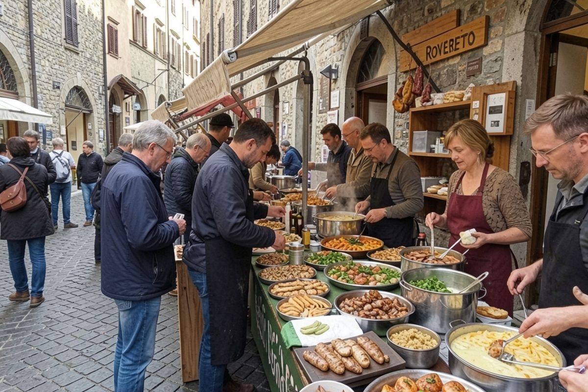 Scena di street food a Rovereto con piatti tipici