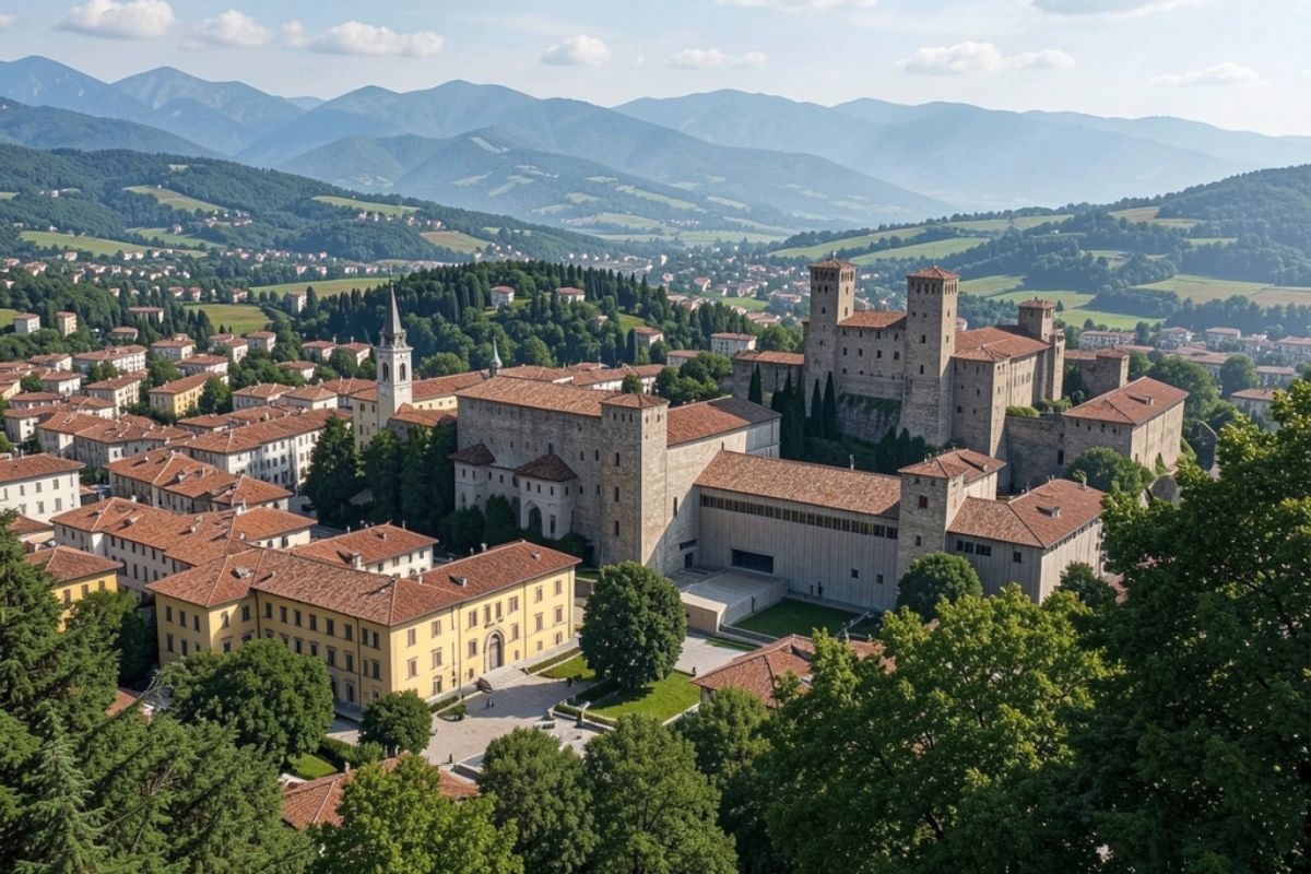 Vista panoramica di Rovereto con il MART e il castello, mostra la bellezza della città