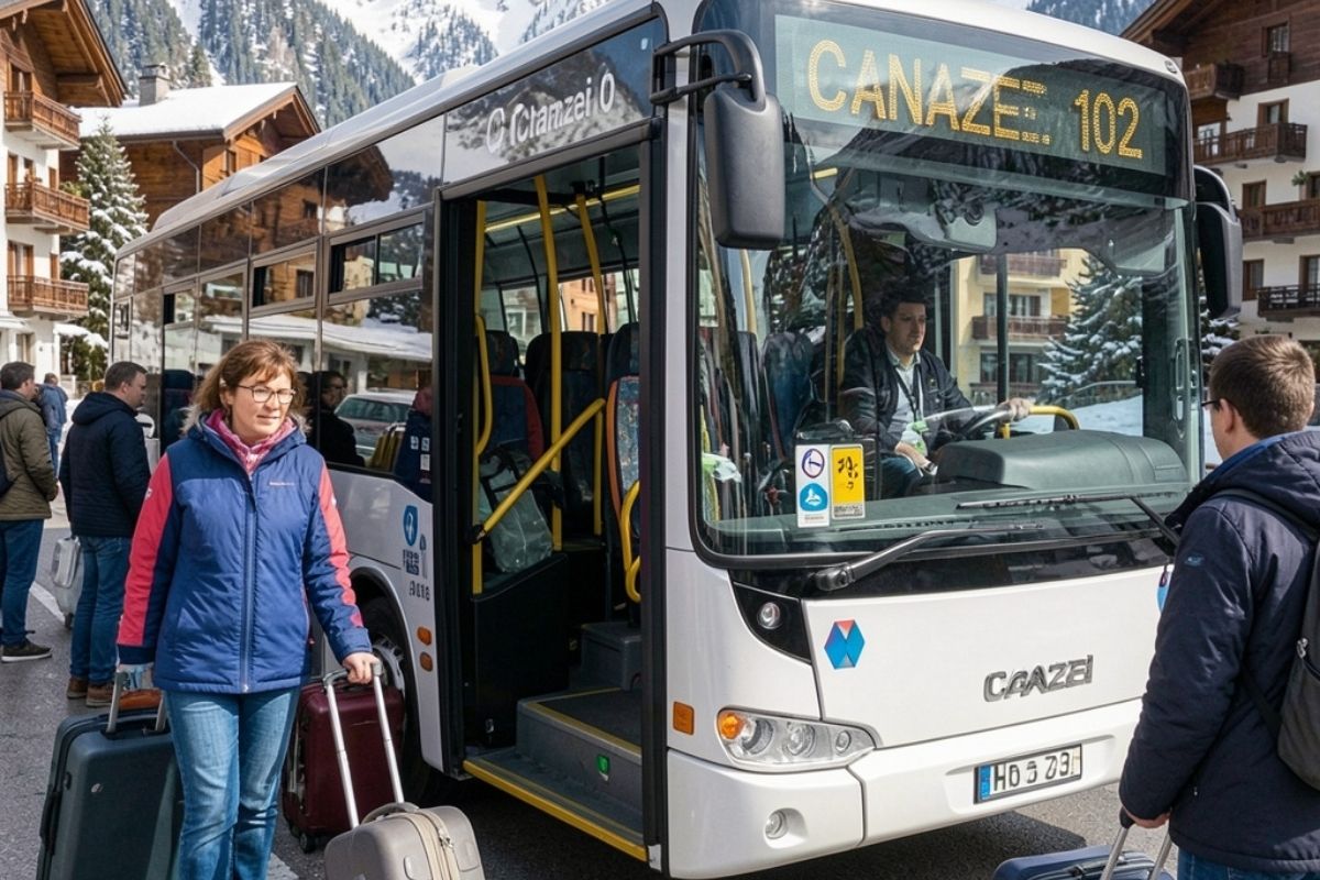 Un autobus di linea che arriva a Canazei, ideale per il trasporto pubblico