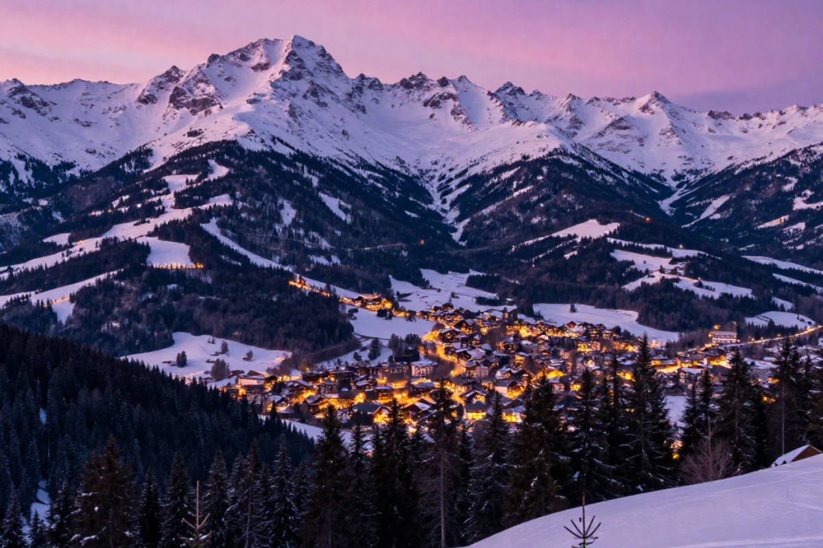 Panorama innevato di Madonna di Campiglio, famiglie che si divertono sulla neve