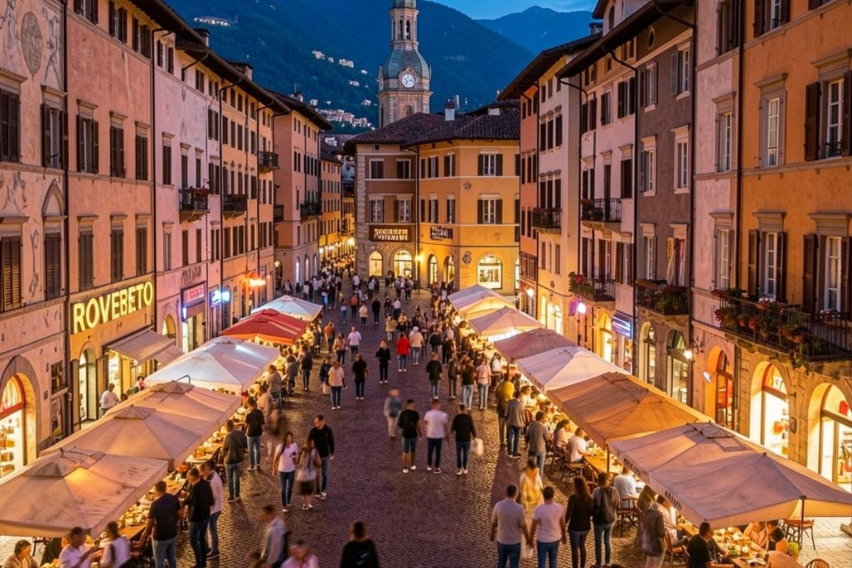 Rovereto di sera, con luci e atmosfera vivace, mostrando la vita notturna della città